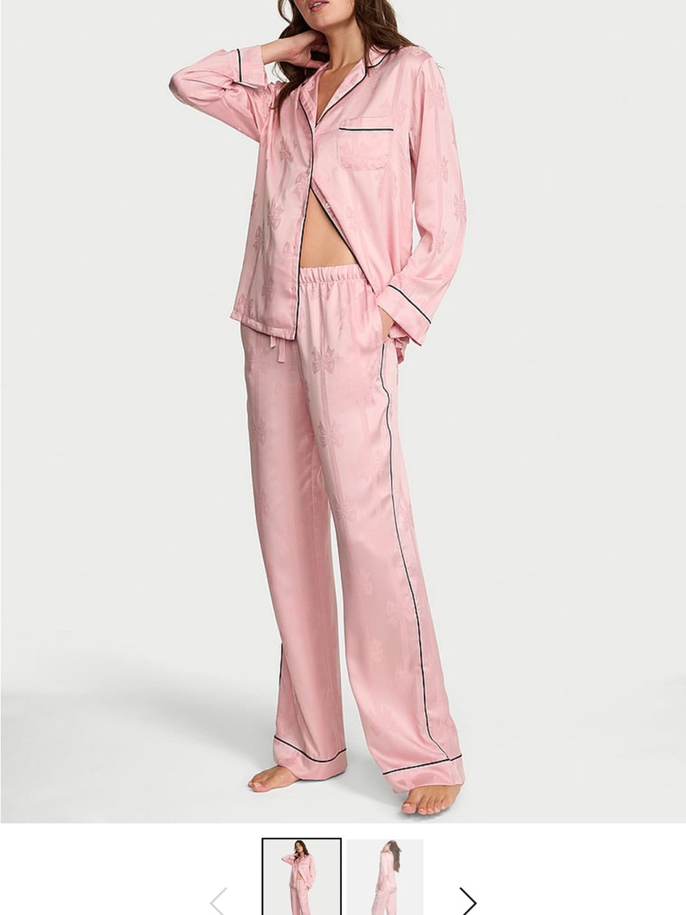 Glazed Satin Bow Stripe Long Pajama Set